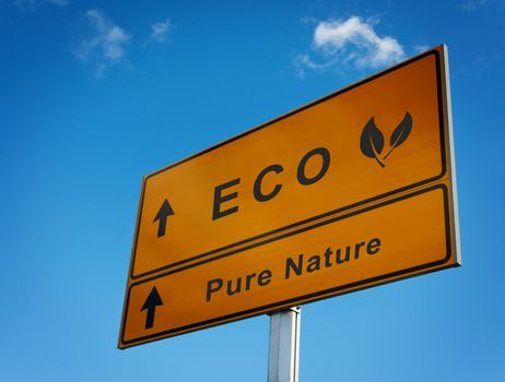 Eco pure nature road sign with icon leaves. Concept of caring for environment and clean nature.