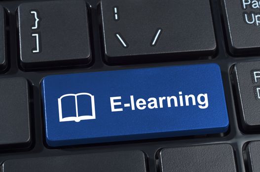 Button e-learning with icon book. Concept internet learning and education.
