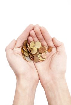 Male hands holding coins isolated on white