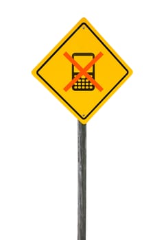 Slashed mobile phone on yellow road sign isolated white background. Concept banning use mobile communication.
