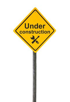 Under construction road sign with icon tools isolated on white background.