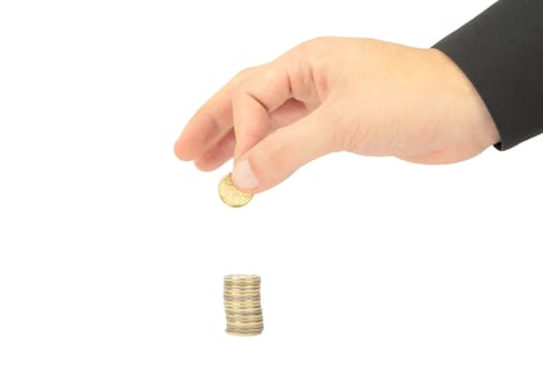 Hand gathering coin isolted on white background