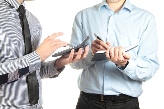 Two businessmen making calculations isolated on white