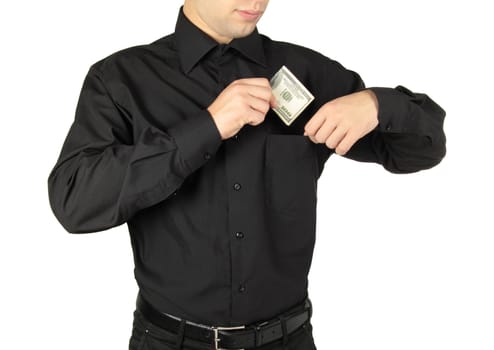 Businessman putting money in shirts' pocket on white