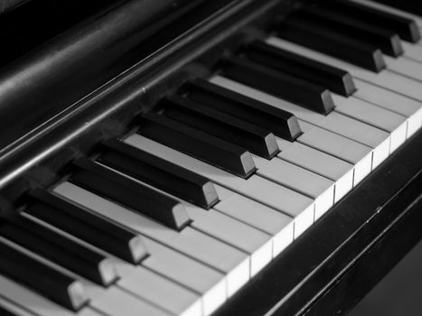 Piano keys of a very well loved and often played piano 