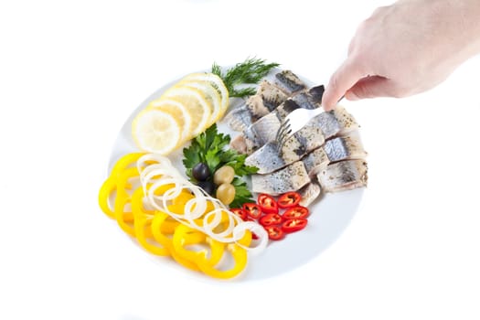 tasting sliced fish on white background for you