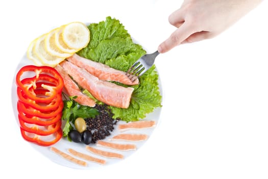 tasting red fish with vegetables on white background