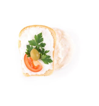 toast with tomato and fish caviar crea isolated