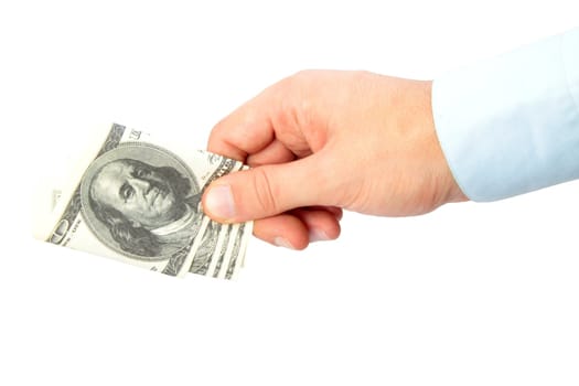 hand holding dollars isolated on white background