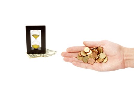 time is money composition with hand coins isolated