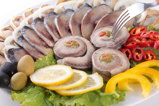 fish with vegetables,anion red pepper close up