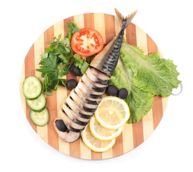 sliced herring on wooden plate isolated on white