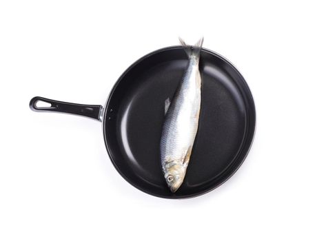 fish on pan isolated on white background