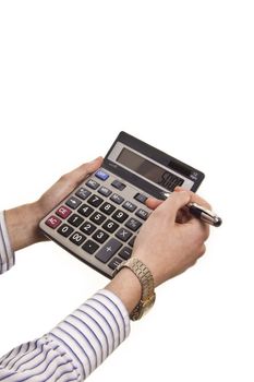 Male businessman using a calculator isolated on white