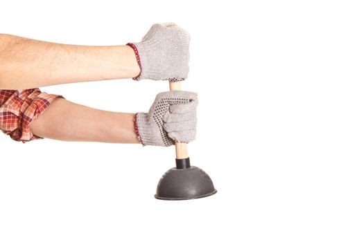 man holding the old air eliminator isolaetd on white background