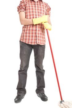 man holding mop in gloves isolated on white