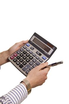 Male businessman using a calculator isolated on white