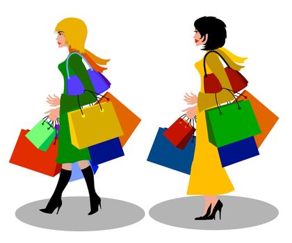 two ladies with colorful shopping bags