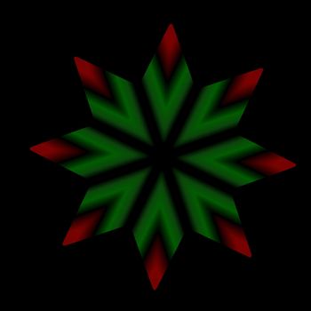 An eight pointed Christmas star done in red and green on a black background.