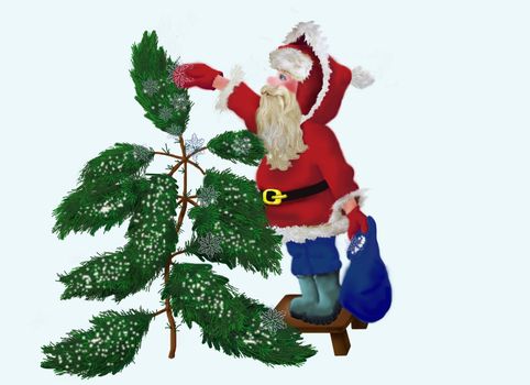 illustration of a Santa Claus sifting Evergreen with snow. The vector version is a fully editable EPS file, compressed in a zip file. Can be scaled to any size without loss of quality