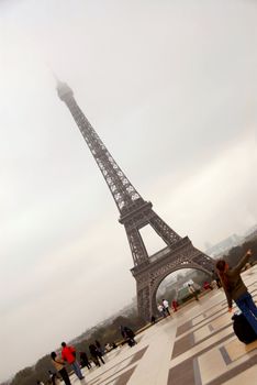 Eiffel tower on a foggy day in Paris France