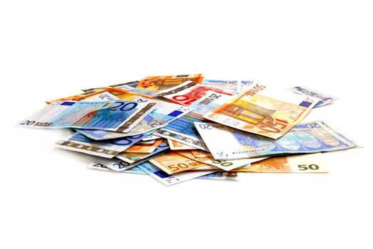 Pile of european currency bills isolated on white background