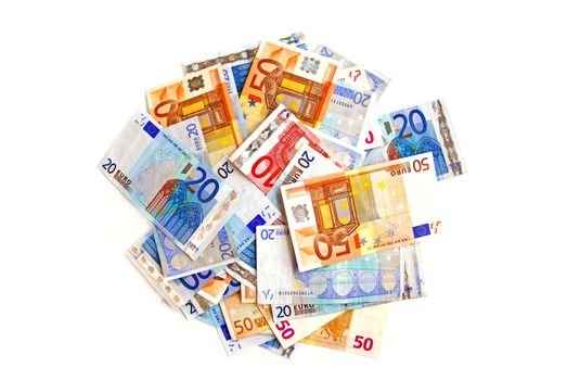 Pile of european currency bills isolated on white background