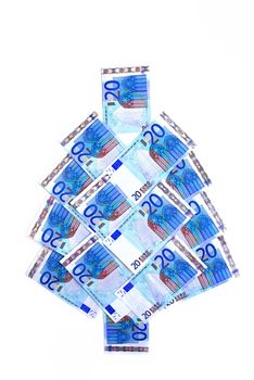 Twenty euro bills in a christmas tree shape