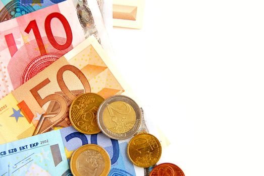 Currency of European union bills and coins, space for copy