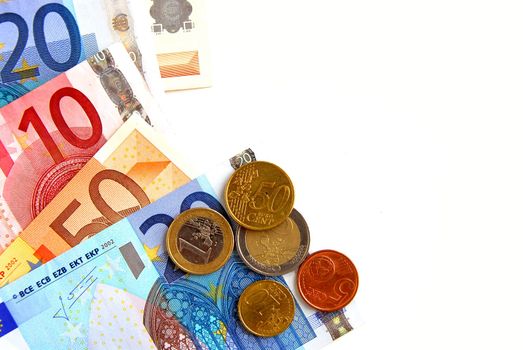 Currency of European union bills and coins, space for copy