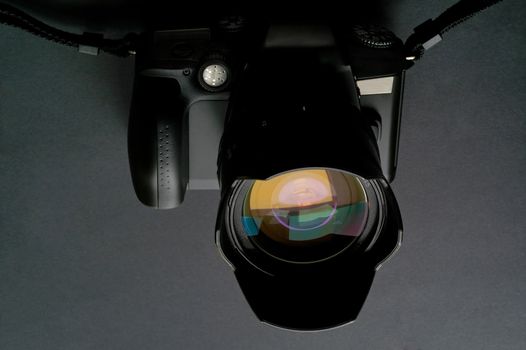 Camera and lens closeup (SRL single lens reflex)