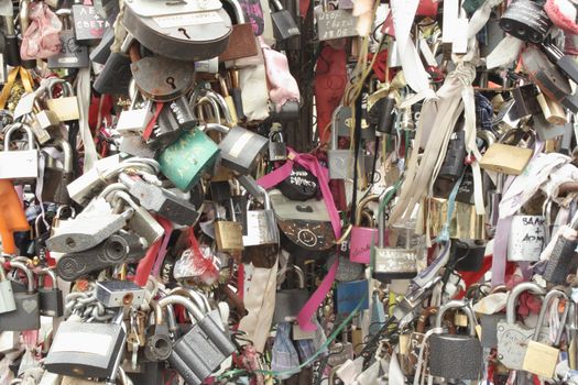 Wedding padlock tree in Moscow. New custom. Close-up.