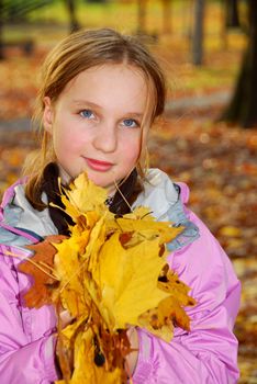 Young girl holding a pile of autumn maple leaves