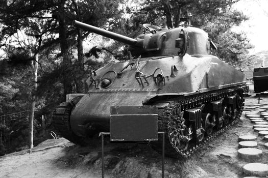 diagonal view of M4-A1 Sherman Tanks
