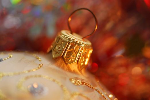 Closeup of golden christmas tree ornament glass ball