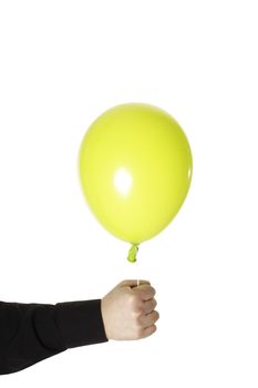 man holding yellow baloonn isolated on white background