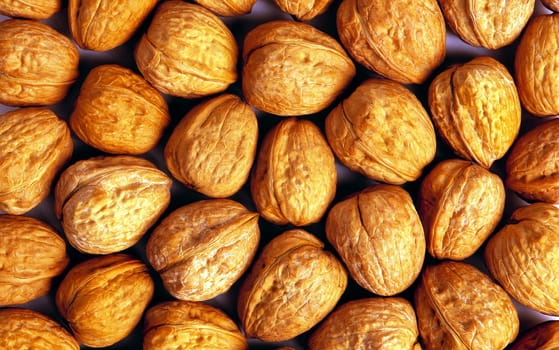 Background of ripe brown hazelnuts over wooden table