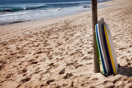 Bodyboards on the sand balinese surfing beach