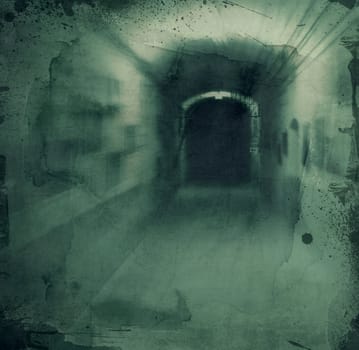 Grunge textured retro collage - Dark scarry hallway