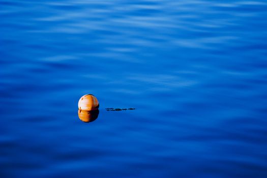 Orange buoy on blue sea water close up photo