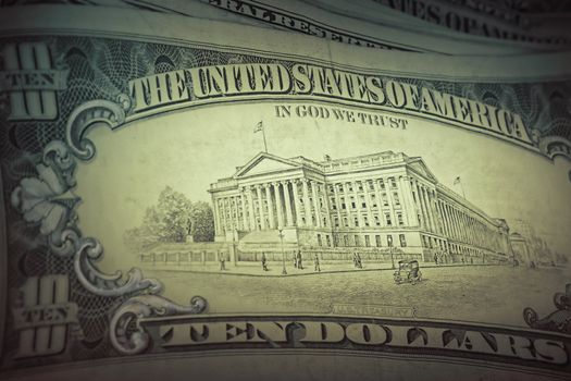 Money background - US dollars background, reto style toned photo with shallow DOF