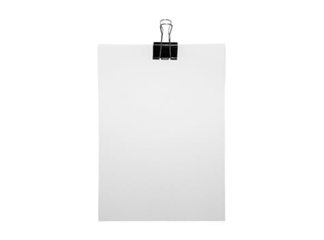 Plain A4 paper and bulldog clip isolated on white