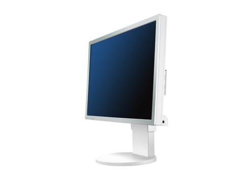 white monitor on white with reflection displaying blue