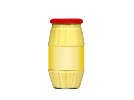 Glass jar of mustard isolated on white