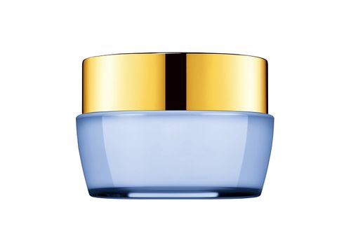 tub with a face cream with a blue cover on a white background
