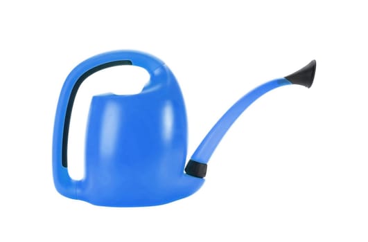blue plastic watering can isolated on white