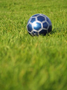 A blue soccer ball on a field of green grass on a bright, sunny day