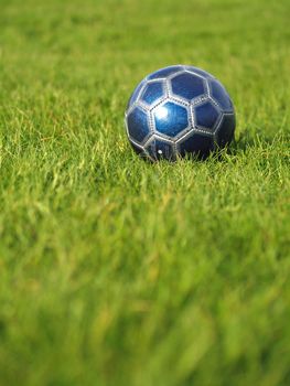 A blue soccer ball on a field of green grass on a bright, sunny day