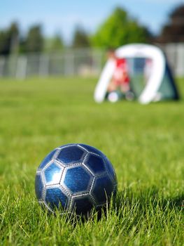 A blue soccer ball on field of green grass on a sunny day with kids in the background.