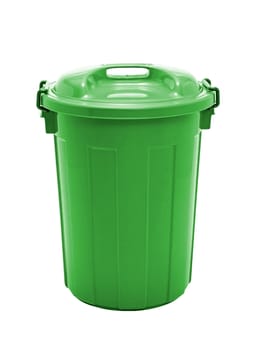 A green plastic garbage bin isolated over white background